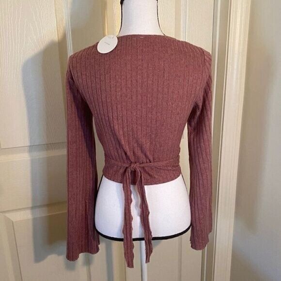 NWT En Creme women''s maroon ribbed v-neck tied front long sleeve sweater size L - Picture 7 of 11